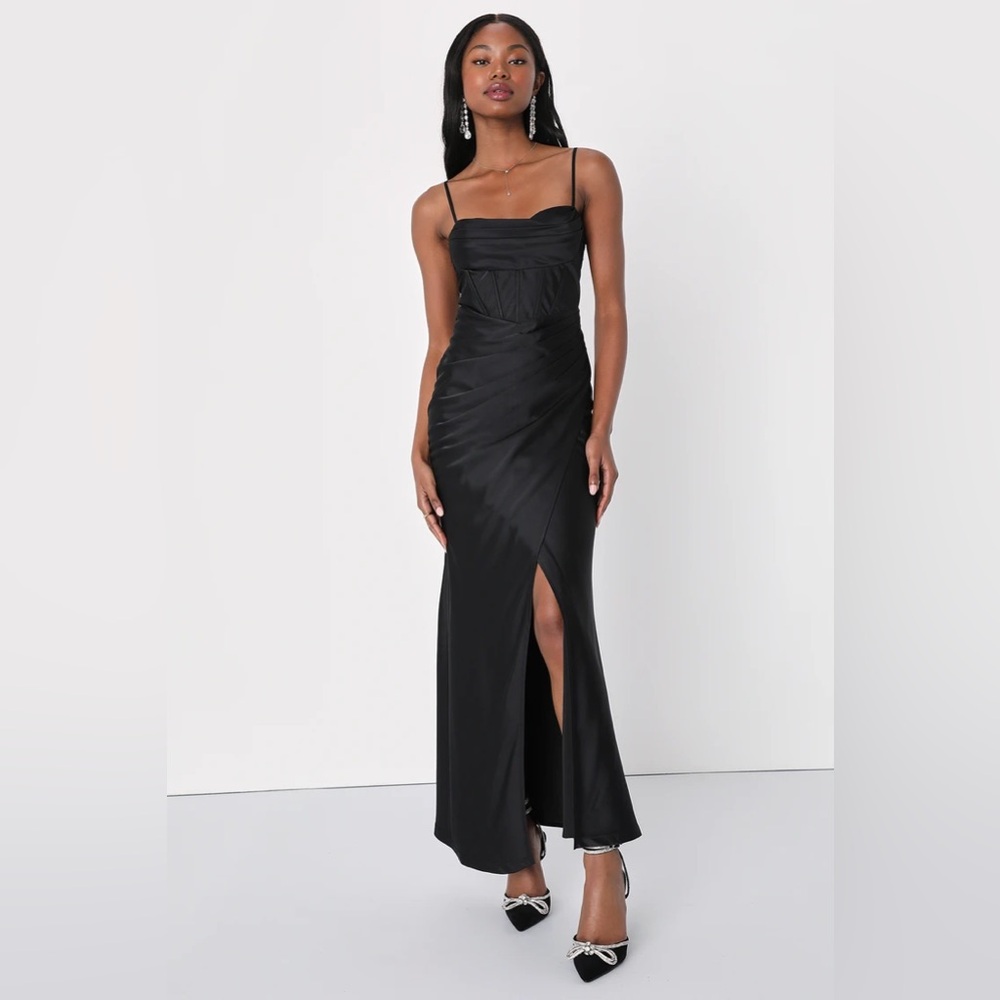Elegant Engagement Black Satin Bustier Mermaid Maxi Dress